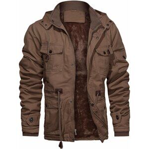 Mens Brown Thick Winter Jacket Hooded Fleece Lined Cotton Military Coat